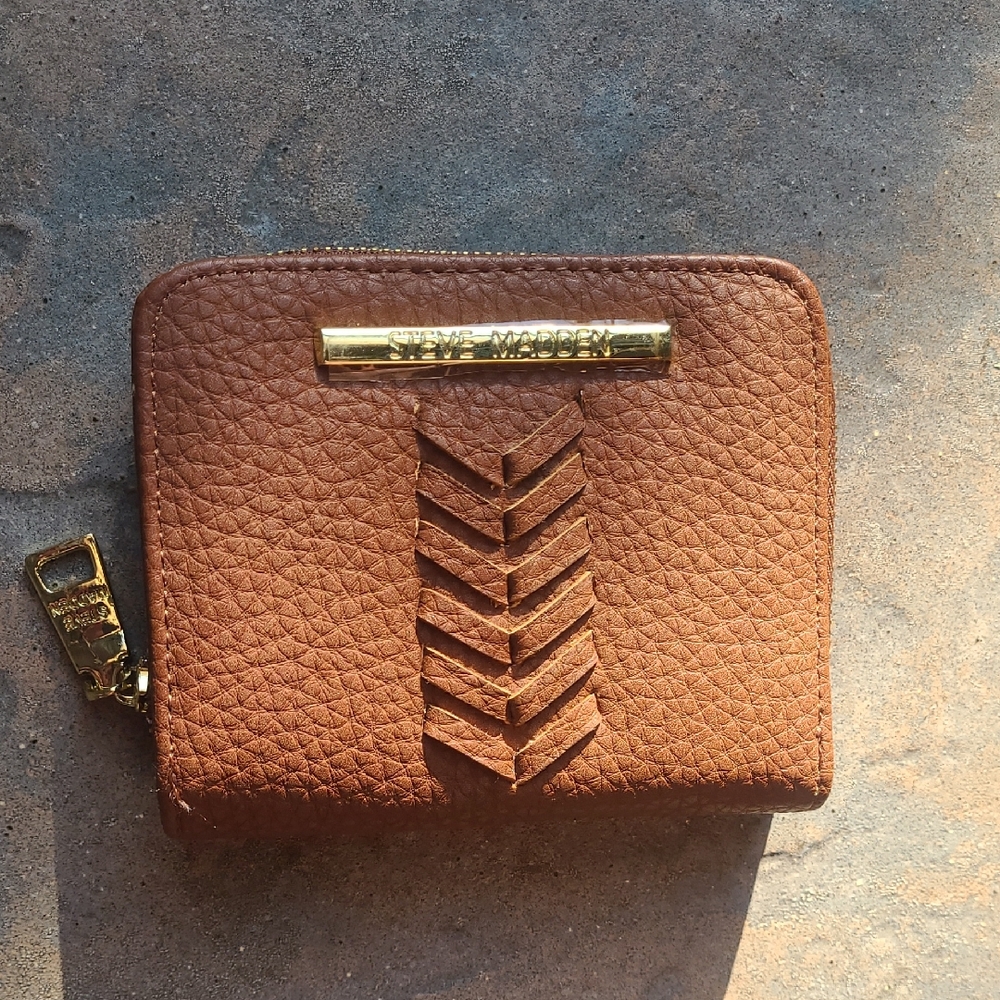 Steve Madden Textured Cognac French Zip Wallet with Gold Detail